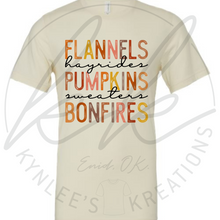 Load image into Gallery viewer, Flannels, Hayrides, Pumpkins, Sweaters, and Bonfires Tee